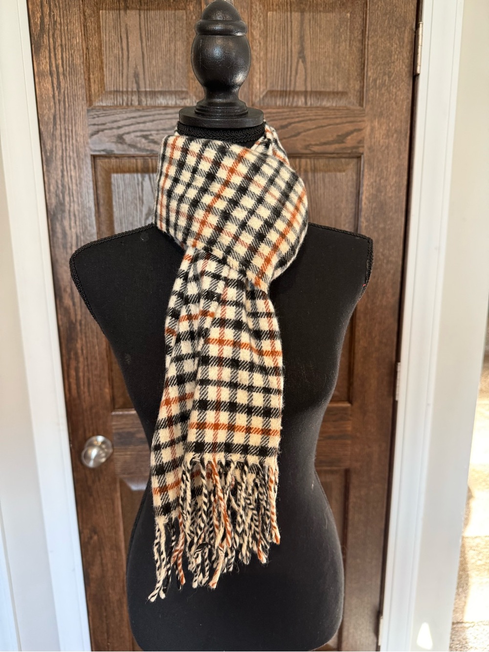 Cream Plaid Fringe Scarf with Black and Rust Check Wool Cashmere
